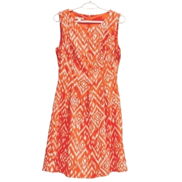 DB established 1962 Sleeveless Pleated Geo Pattern Dress 10 Orange White - Picture 1 of 15